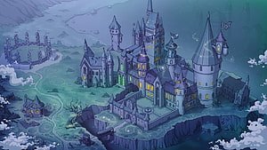 Hogwarts Castle at Night in Stylized Cartoon Illustration with Glowing Windows and Misty Surroundings HD wallpaper