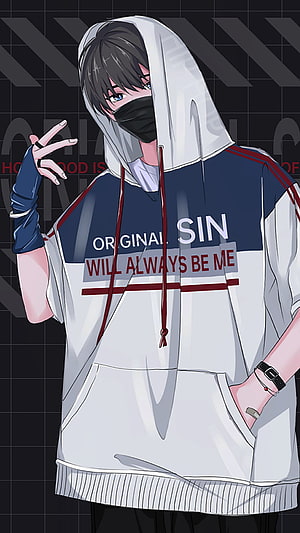 Anime Boy in White Hoodie and Black Face Mask with Streetwear Graphic HD phone wallpaper