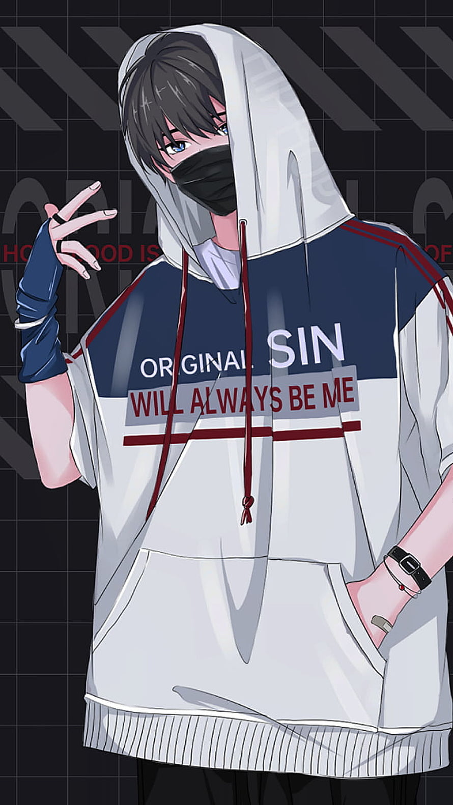Anime Boy in White Hoodie and Black Face Mask with Streetwear Graphic HD phone wallpaper