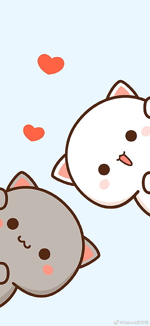 Cute Chibi Cat Cartoon Illustration with Floating Hearts on Light Blue Background HD phone wallpaper