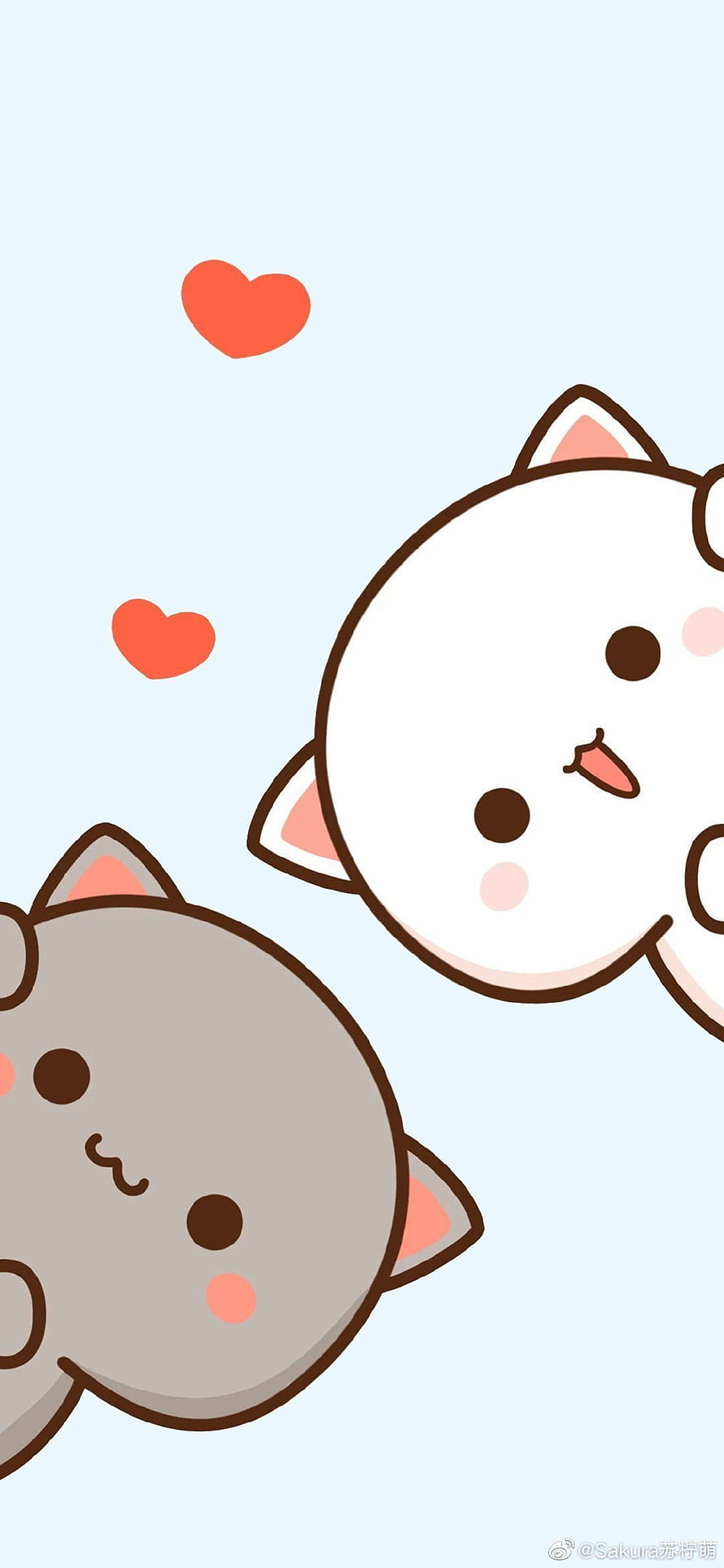 Cute Chibi Cat Cartoon Illustration with Floating Hearts on Light Blue Background HD phone wallpaper