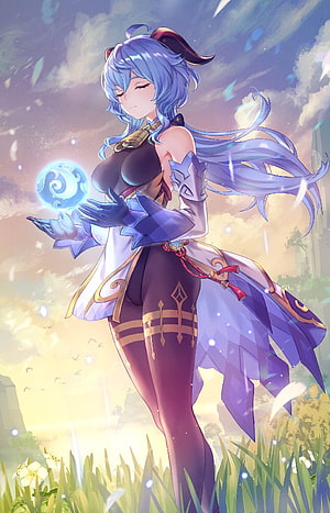 Ganyu from Genshin Impact Holding a Glowing Hydro Orb in a Sunlit Meadow HD phone wallpaper