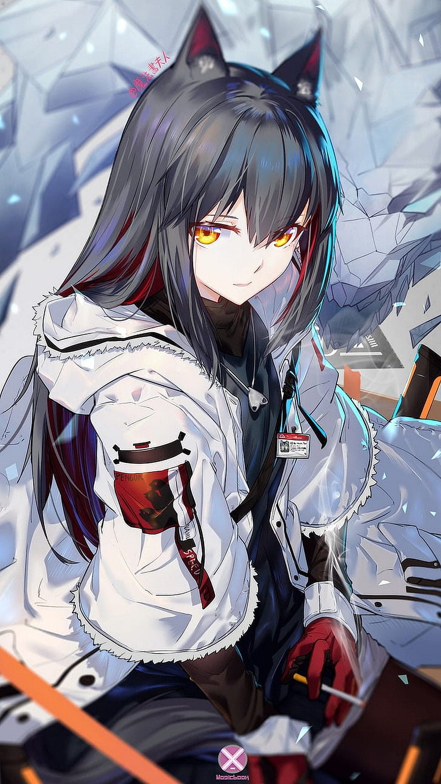 Anime Girl with Cat Ears and Amber Eyes in White Winter Jacket HD phone wallpaper