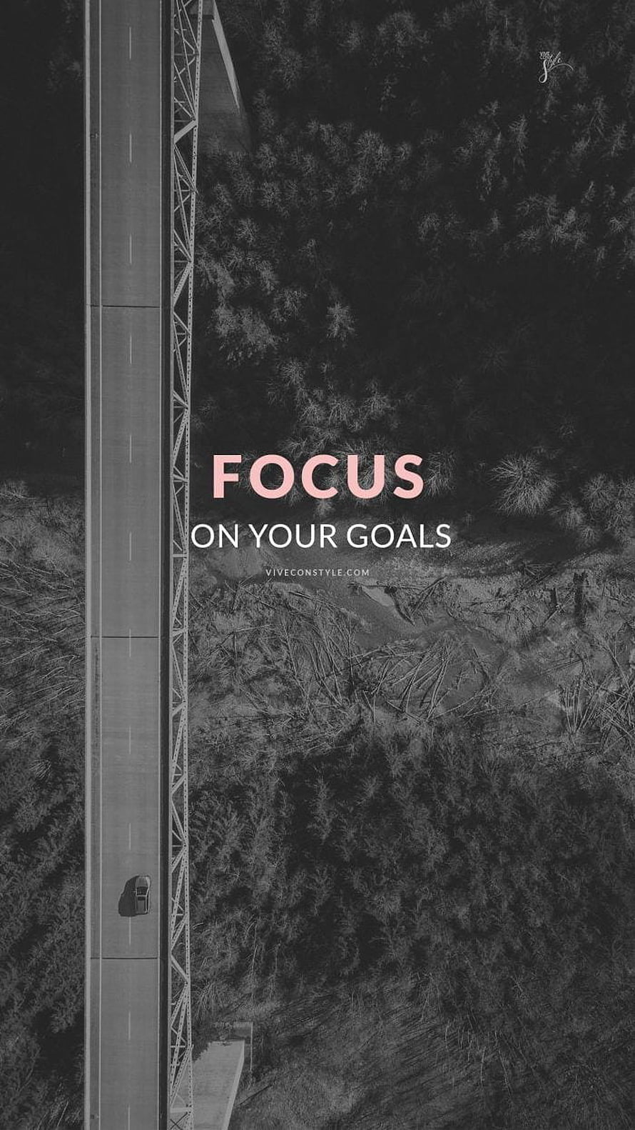Aerial View of Highway Through Forest with Motivational Focus Quote Overlay HD phone wallpaper