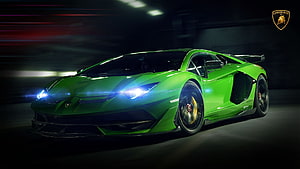Green Lamborghini Aventador SVJ in Motion with Dramatic Lighting and Motion Blur HD wallpaper