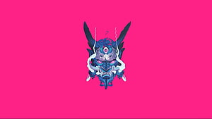 Stylized Japanese Oni Mask with Horns and Smoke on Vibrant Pink Background HD wallpaper