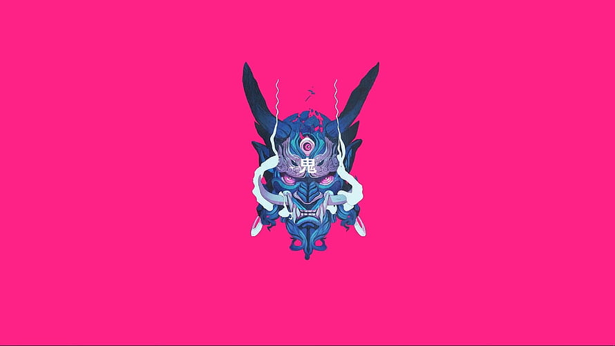 Stylized Japanese Oni Mask with Horns and Smoke on Vibrant Pink Background HD wallpaper