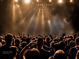 Silhouetted concert crowd with raised hands beneath dramatic golden stage lighting and atmospheric haze HD wallpaper