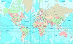 Detailed Political World Map with Country Borders and Ocean Labels HD wallpaper