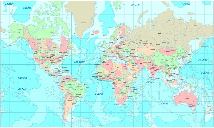 Detailed Political World Map with Country Borders and Ocean Labels HD wallpaper