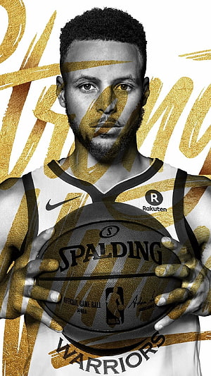Stephen Curry Golden State Warriors Portrait with Gold Brushstroke Art and Spalding Basketball HD phone wallpaper