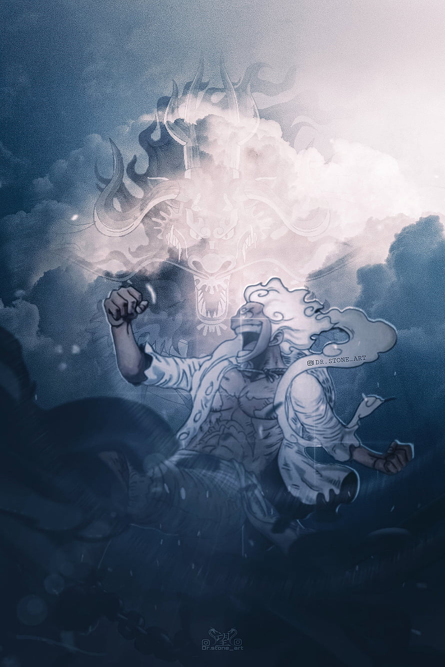 Luffy Gear 5 Nika Form Rising Through Stormy Clouds in Dramatic Anime Art HD phone wallpaper