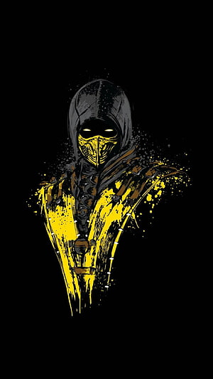 Mortal Kombat Scorpion Hooded Warrior Portrait in Yellow and Black Ink Splatter Style HD phone wallpaper