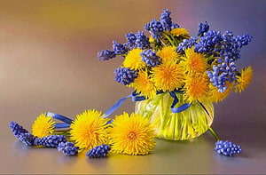Spring Still Life with Yellow Daisies and Blue Hyacinths in a Glass Vase HD wallpaper