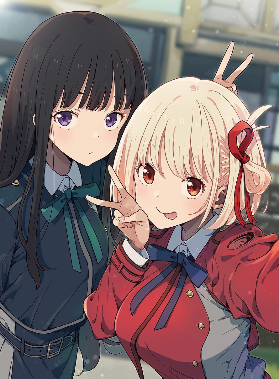 Lycoris Recoil Anime Illustration of Two Girls in School Uniforms Taking a Selfie HD phone wallpaper