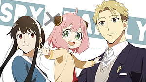Spy x Family Trio: Loid, Yor, and Anya Forger in a Bright Anime Illustration HD wallpaper