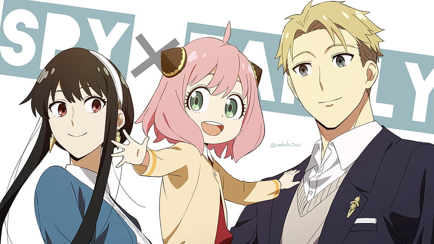Spy x Family Trio: Loid, Yor, and Anya Forger in a Bright Anime Illustration HD wallpaper