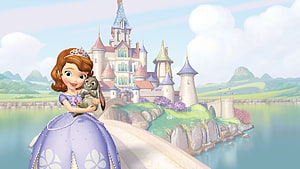 Sofia the First Princess in Lavender Gown Holding Rabbit in Front of Royal Castle HD wallpaper