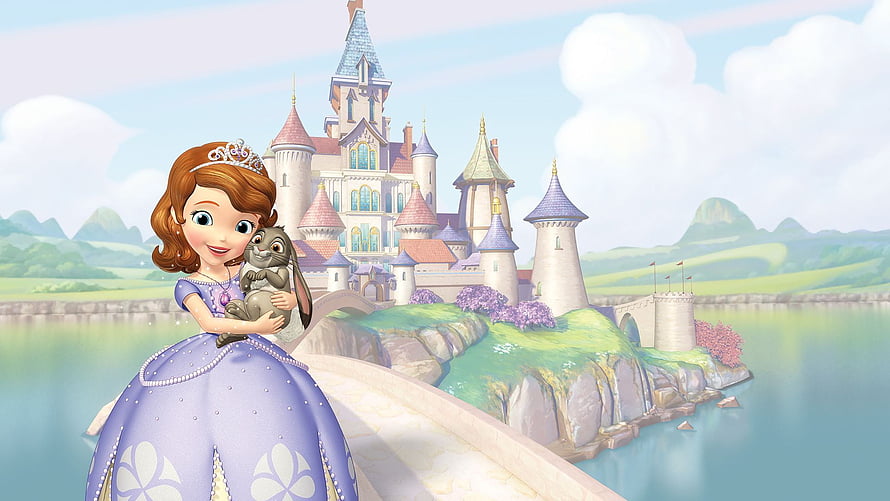 Sofia the First Princess in Lavender Gown Holding Rabbit in Front of Royal Castle HD wallpaper