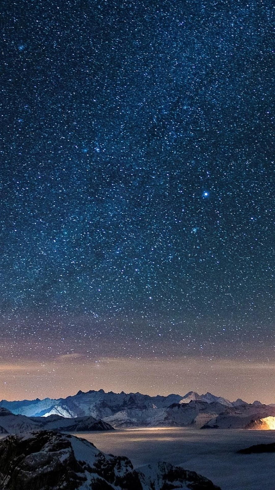 Starry Night Sky Over Snow-Capped Mountain Range at Twilight HD phone wallpaper