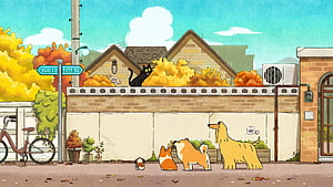 Doggie Corgi Animated Street Scene with Autumn Foliage and Playful Pets HD wallpaper