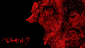 Berserk Anime Character Lineup in Dramatic Red and Black Illustration HD wallpaper
