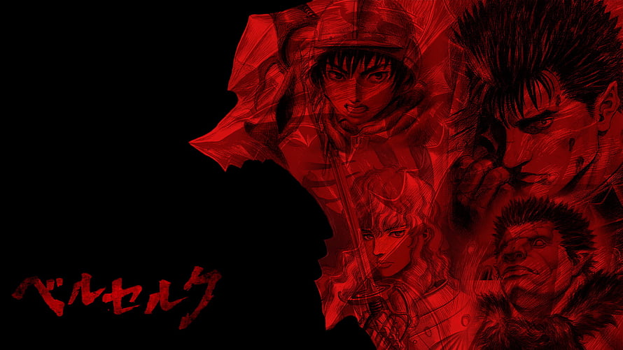 Berserk Anime Character Lineup in Dramatic Red and Black Illustration HD wallpaper