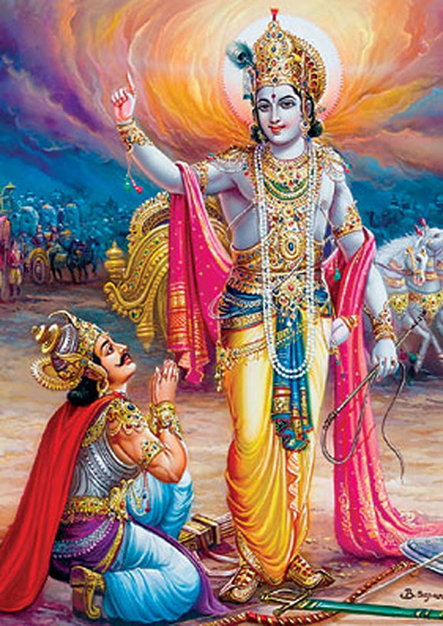 Lord Krishna and Arjuna in the Mahabharata: Divine Counsel and Devotion HD phone wallpaper