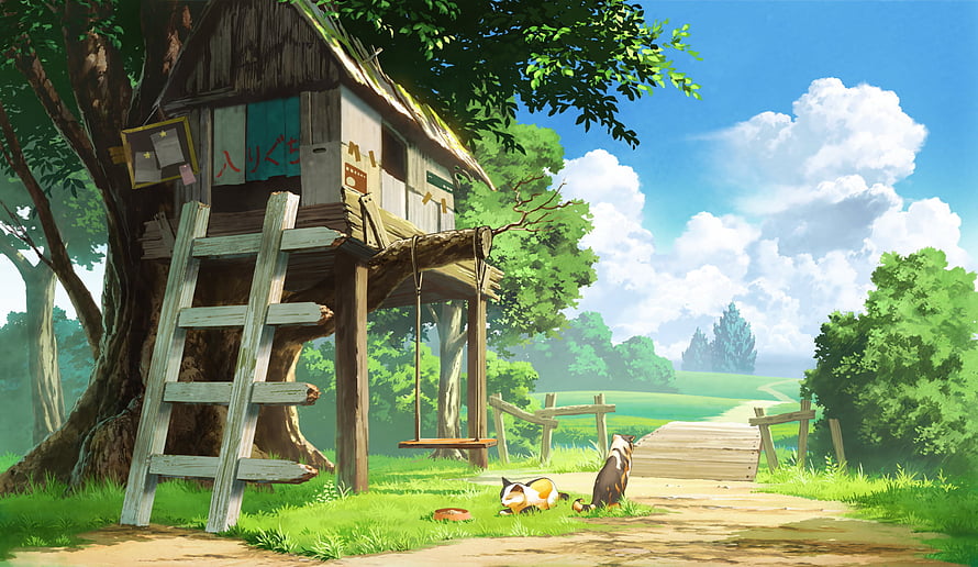 Serene Anime Treehouse Scene With Cats And Lush Green Countryside HD wallpaper