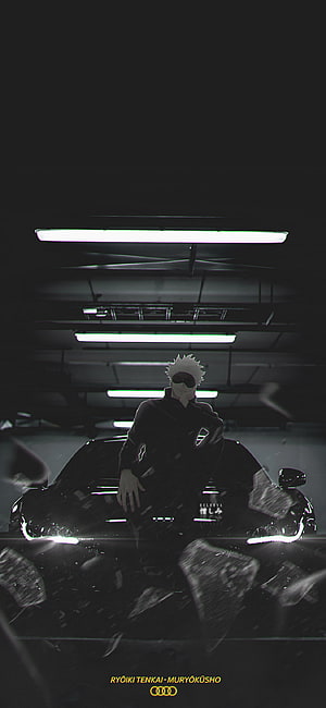 Gojo Satoru from Jujutsu Kaisen Leaning on a Car in a Dark Parking Garage HD phone wallpaper