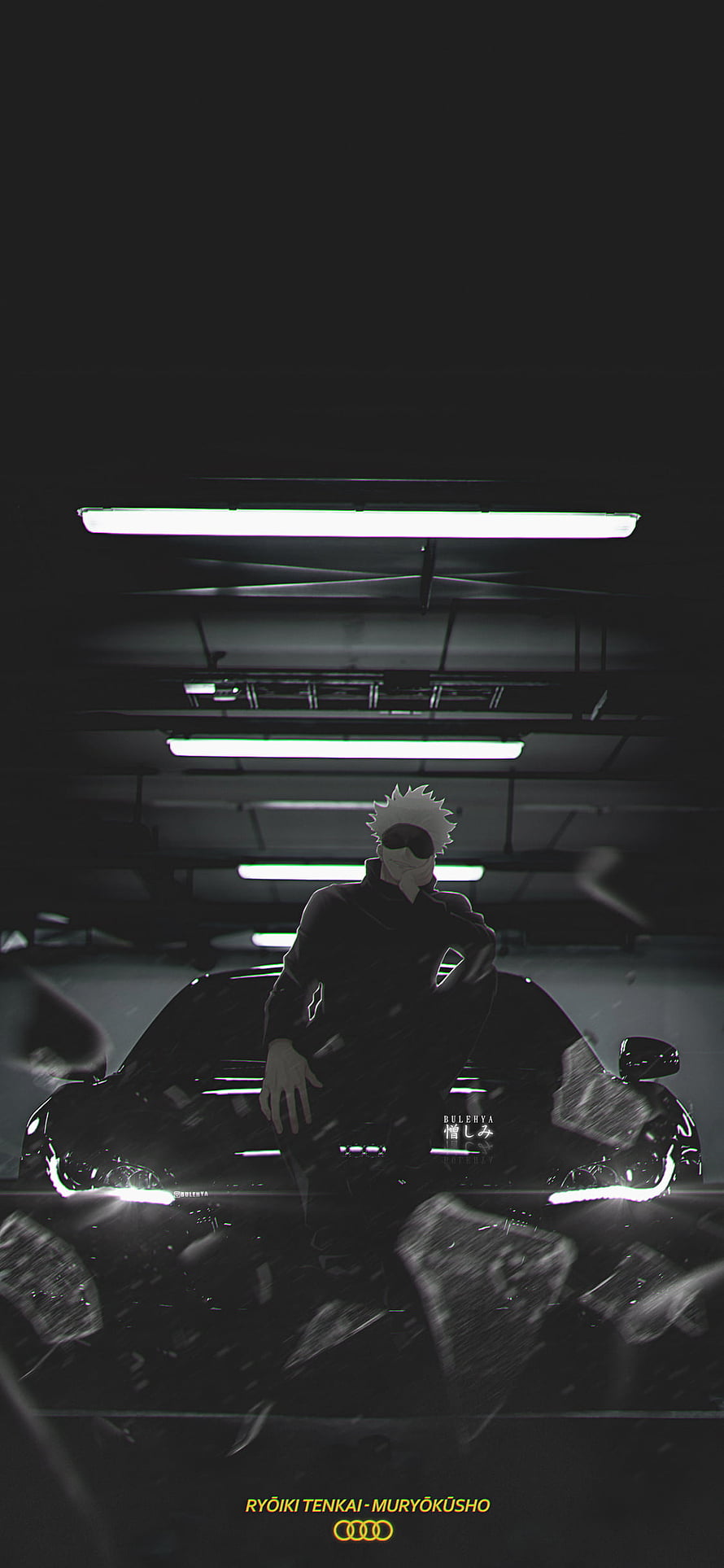 Gojo Satoru from Jujutsu Kaisen Leaning on a Car in a Dark Parking Garage HD phone wallpaper