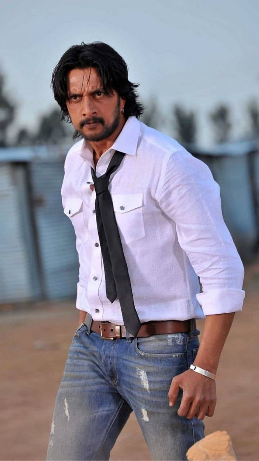 Kiccha Sudeep in White Shirt and Black Tie with Distressed Jeans HD phone wallpaper