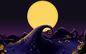 Nightmare Before Christmas Halloween Town Landscape with Full Moon and Jack-O-Lanterns HD wallpaper