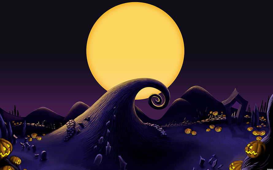 Nightmare Before Christmas Halloween Town Landscape with Full Moon and Jack-O-Lanterns HD wallpaper