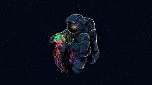 Astronaut Holding Glowing Jellyfish in Deep Space Illustration HD wallpaper