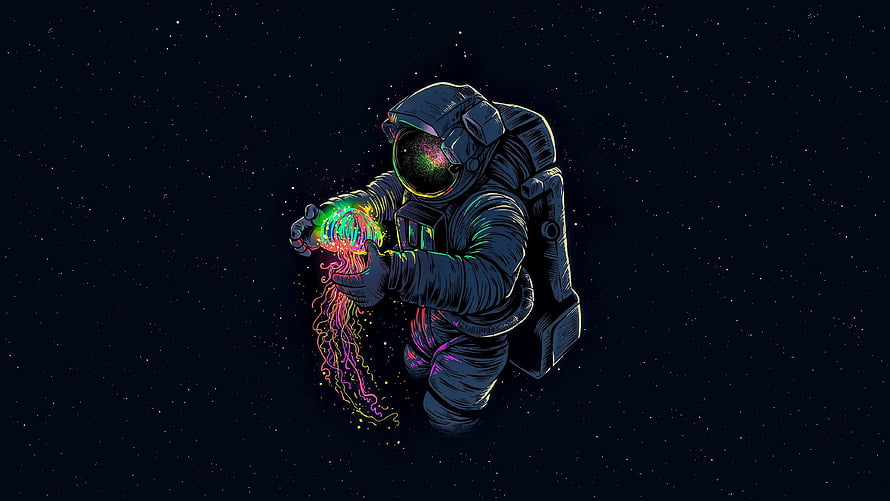 Astronaut Holding Glowing Jellyfish in Deep Space Illustration HD wallpaper