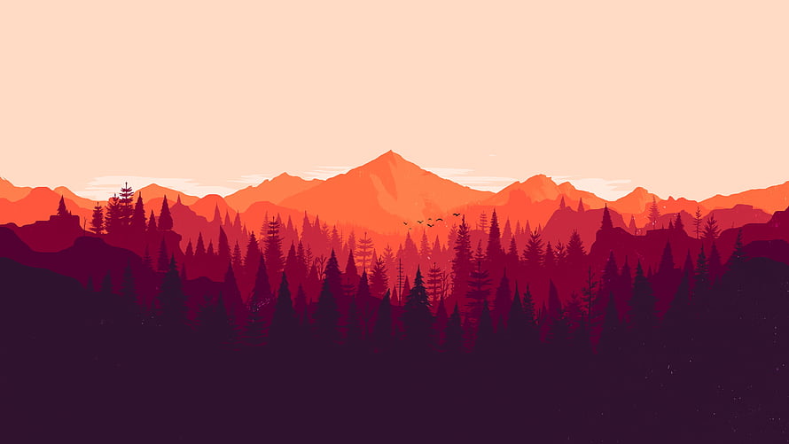 Firewatch Minimalist Mountain Forest Sunset Landscape Illustration HD wallpaper