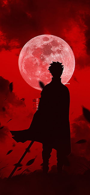 Sasuke Uchiha Silhouette Against a Blood Moon in a Crimson Sky HD phone wallpaper