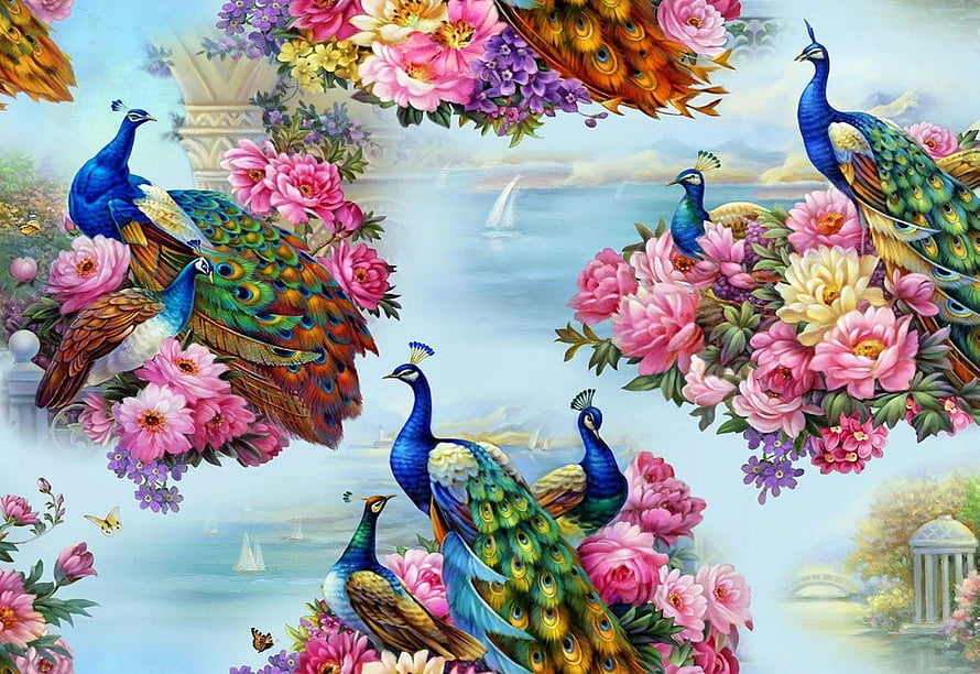 Vibrant Peacocks and Pink Peonies in a Serene Coastal Garden Landscape HD wallpaper