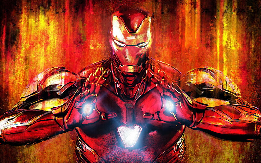 Iron Man Armor Portrait with Glowing Arc Reactor and Hand Repulsors in Fiery Red and Gold Tones HD wallpaper