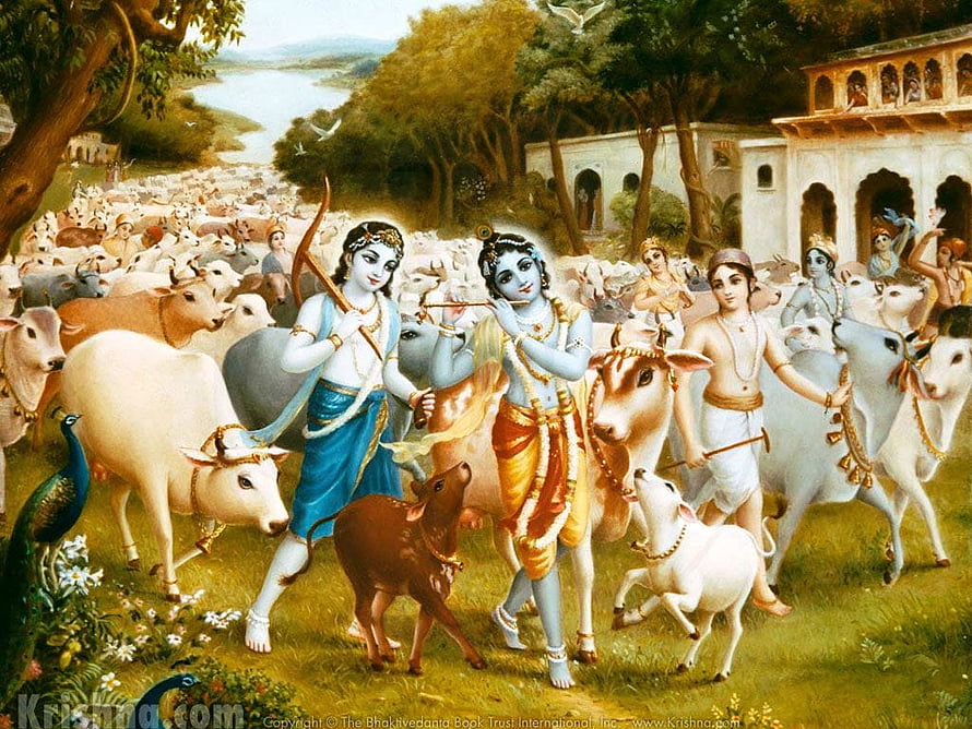 Krishna and Balarama Herding Cows in a Lush Pastoral Landscape HD wallpaper