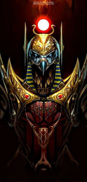 Horus the Falcon God in Golden Egyptian Regalia with Glowing Red Eye HD phone wallpaper