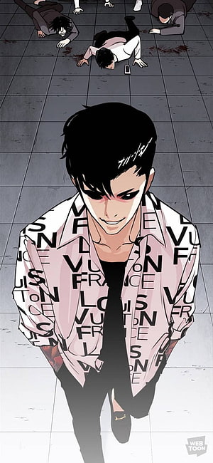 Lookism Manhwa Villain Character Art With Defeated Figures On Tiled Floor HD phone wallpaper
