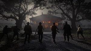 Red Dead Redemption 2 Gang Approaching Haunted Mansion at Night HD wallpaper
