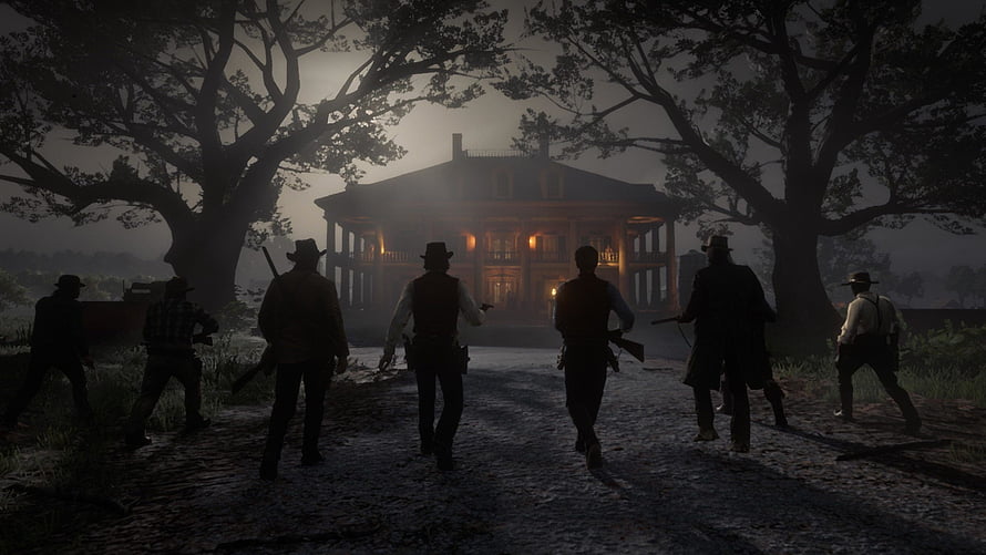 Red Dead Redemption 2 Gang Approaching Haunted Mansion at Night HD wallpaper