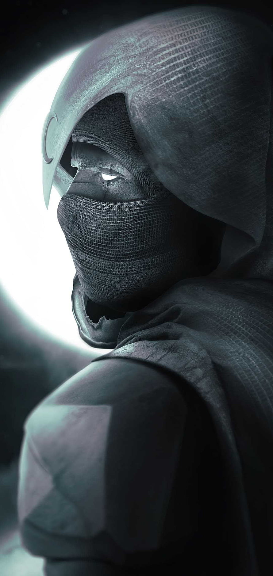 Moon Knight Close-Up Portrait in Dark Hooded Costume with Glowing Eye HD phone wallpaper