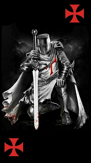 Medieval Knight in Full Plate Armor Kneeling with Bloodied Sword and Templar Cross HD phone wallpaper