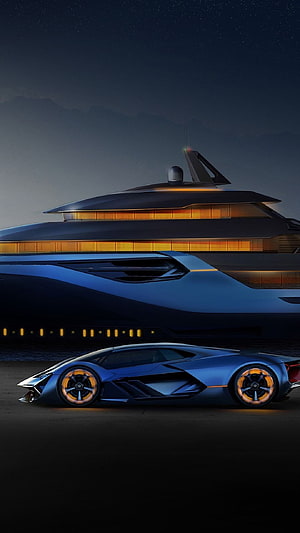 Futuristic Blue Supercar and Luxury Yacht at Night with Glowing Orange Accents HD phone wallpaper