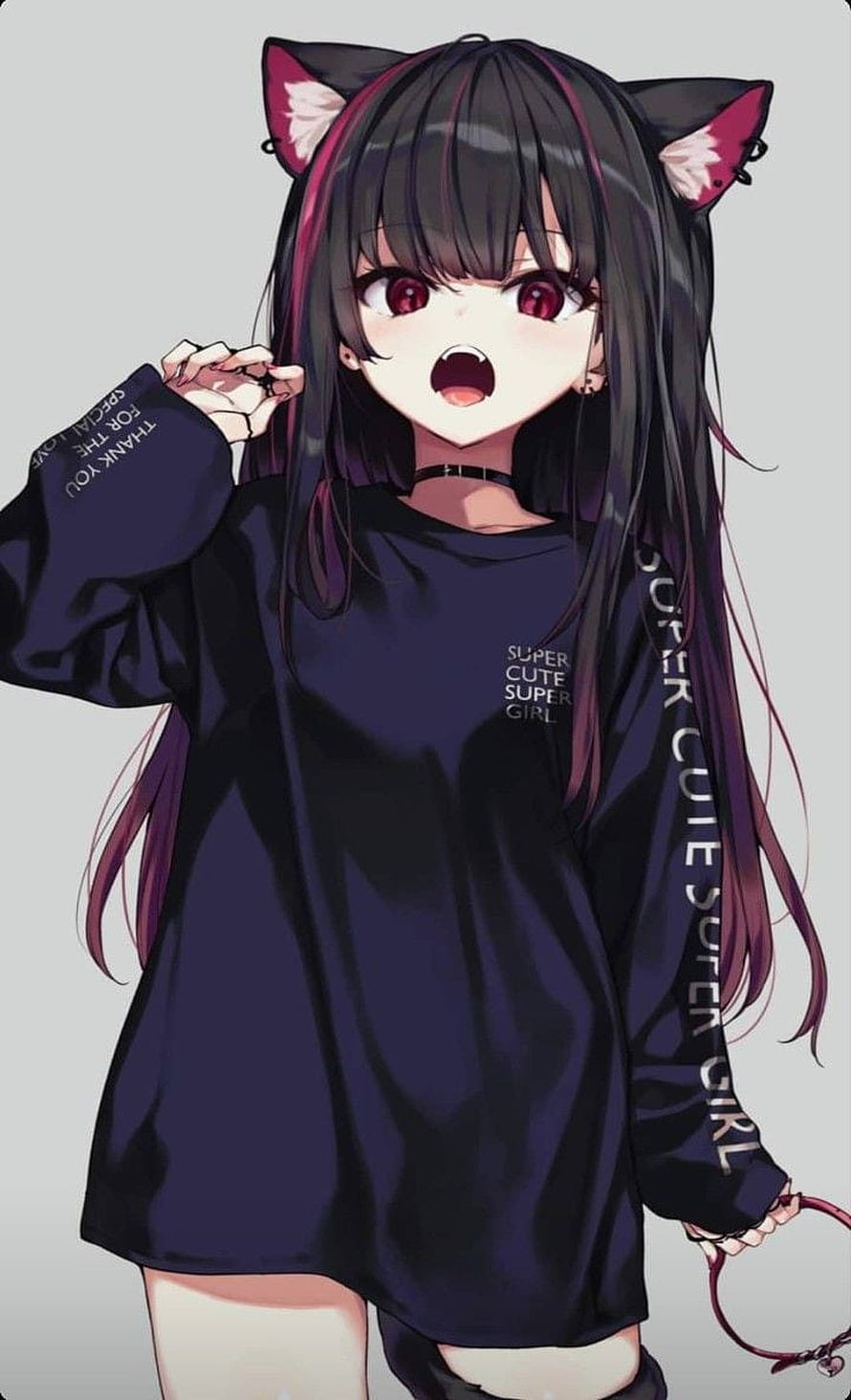 Anime Girl With Cat Ears Wearing Oversized Black T-Shirt HD phone wallpaper