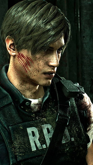 Leon S. Kennedy in RPD Tactical Vest with Blood Streaks from Resident Evil 2 HD phone wallpaper